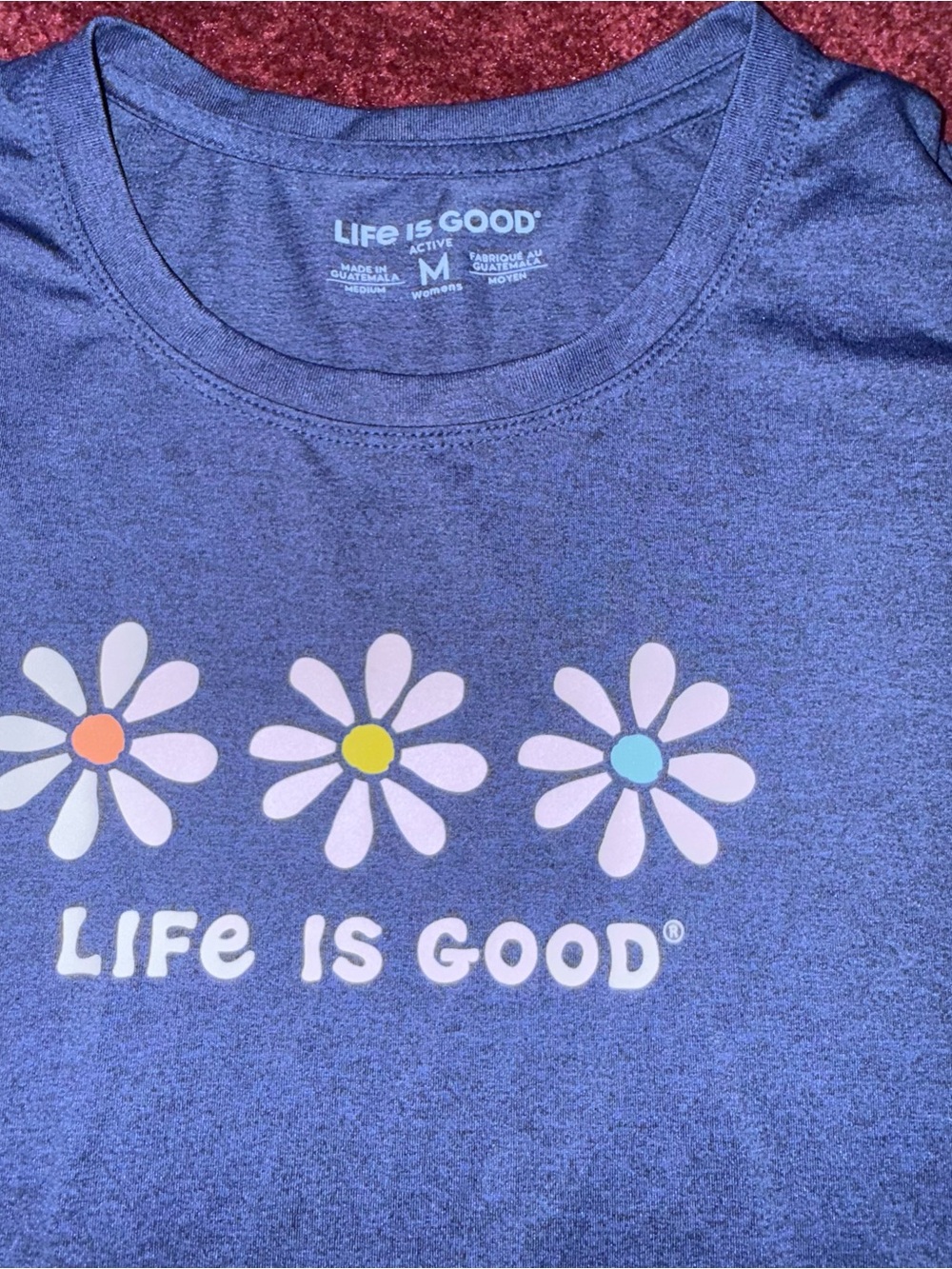 LIFE IS GOOD Crew L/S Pullover Cationic Active Top Daisies Navy Med m - Picture 2 of 2